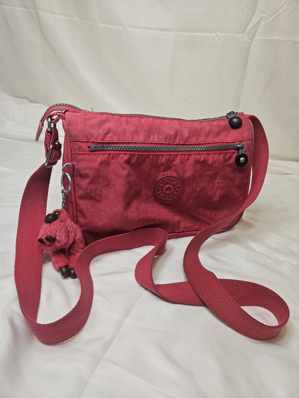 Kipling Fuchsia Pink Crossbody Bag with Monkey Charm Full Zip